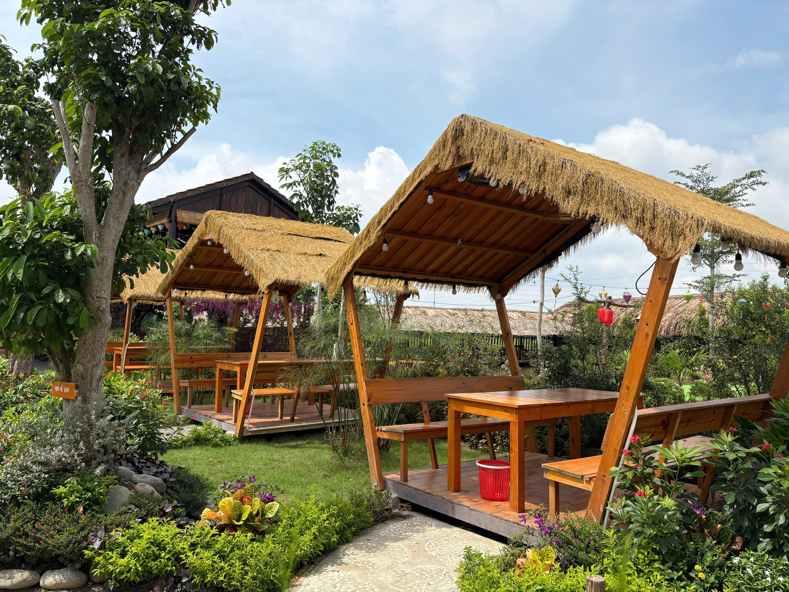 Chuỗi Chòi Gỗ Chữ A Mái Tranh Rơm Vàng Giữa Sân Vườn Sen Vàng Garden Hóc Môn