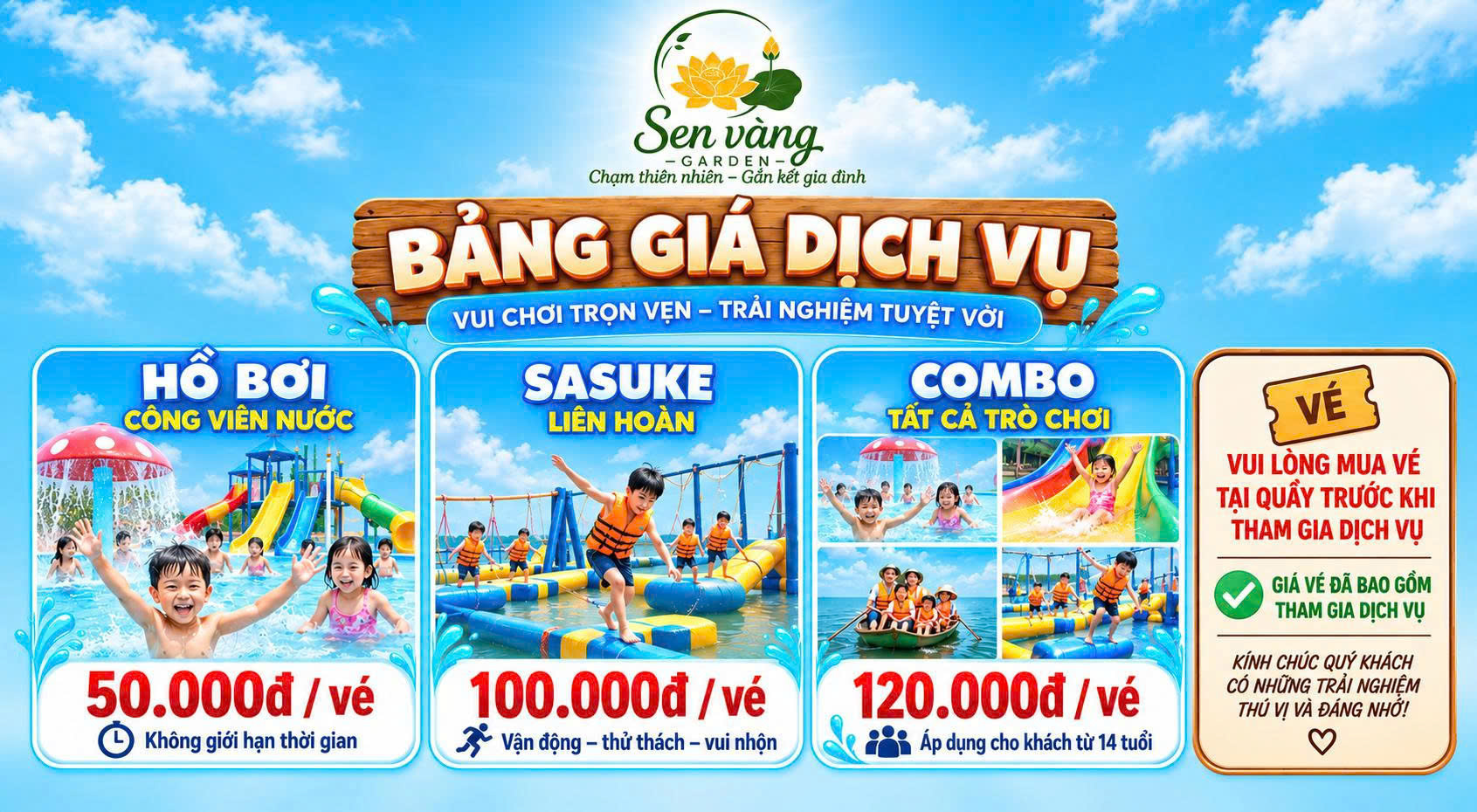 Bảng giá dịch vụ hồ bơi công viên nước và trò chơi sasuke tại Sen Vàng Garden