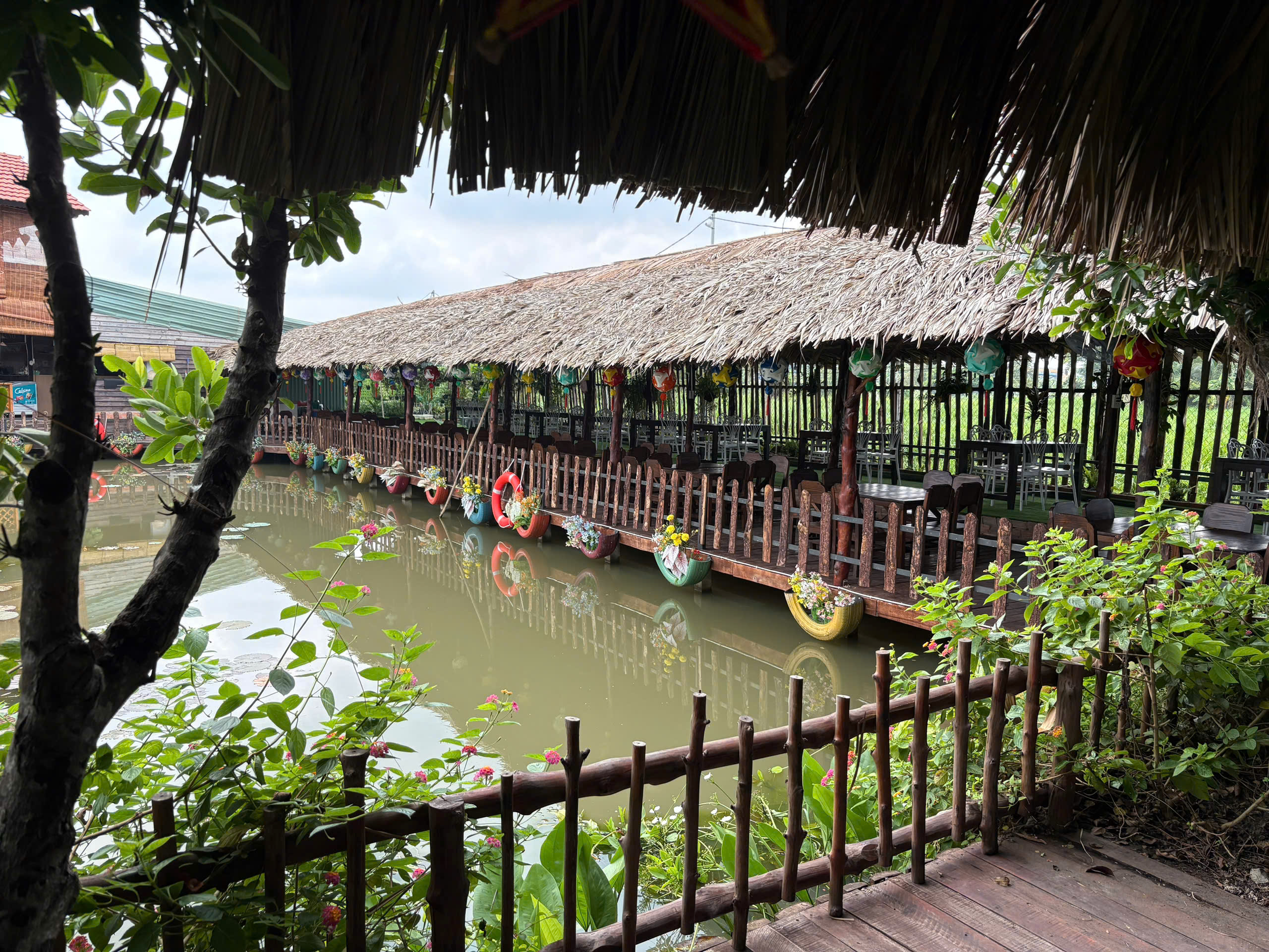 Bóng cây cổ thụ và hàng rào gỗ ven hồ tại Sen Vàng Garden